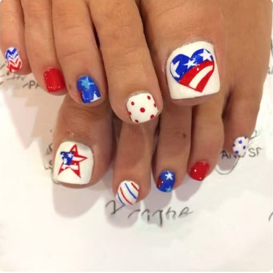 Patriotic Vibes Short Square Red and Blue Star Design Press-On Toenail Set