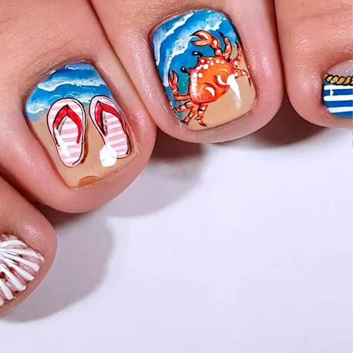 Beach Vibes Short Square Aqua Marine Press On Toenail Set with Whimsical Crab Design