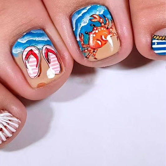 Beach Vibes Short Square Aqua Marine Press On Toenail Set with Whimsical Crab Design