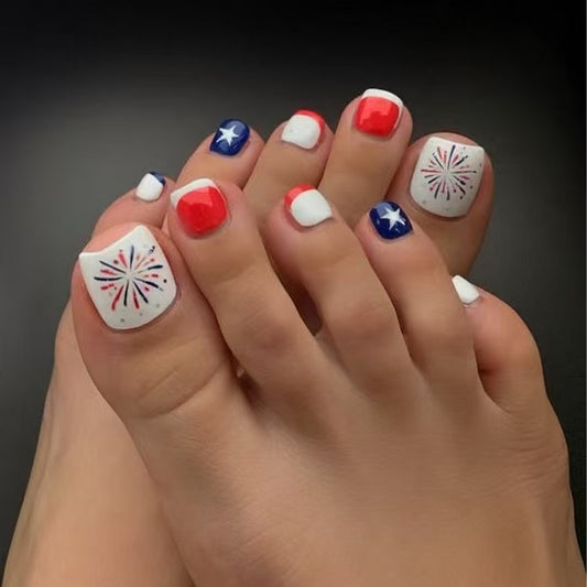 Patriotic Celebration Short Square Red White and Blue Toenail Set with Firework Design