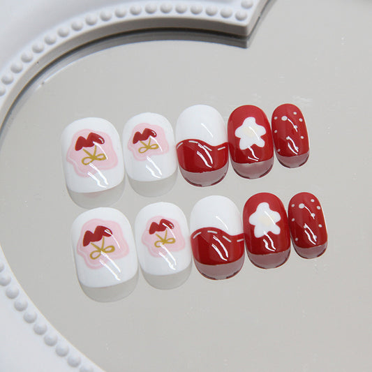 Valentine's Day Romance Short Squoval Red and White Press On Nail Set with Heart Accents