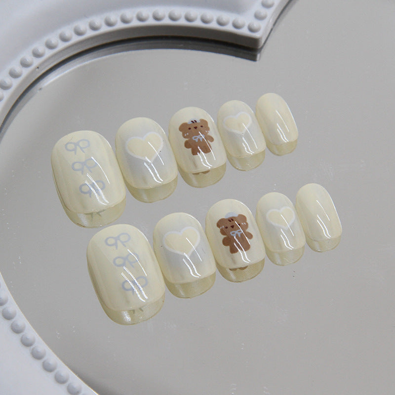Sweet Temptation Medium-Length Squoval Cream Press On Nail Set with Adorable Bear and Heart Accents