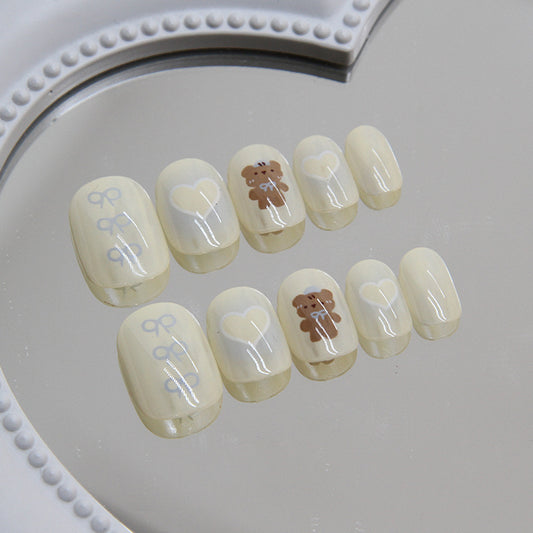 Sweet Temptation Medium-Length Squoval Cream Press On Nail Set with Adorable Bear and Heart Accents