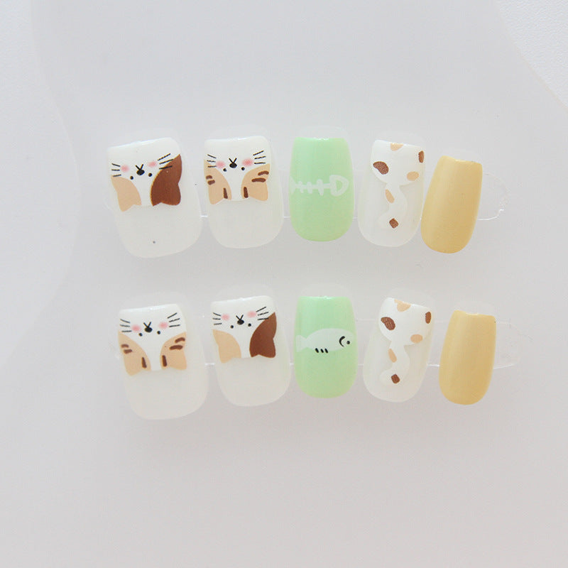 Animal Party Short Square Multicolor Press On Nail Set with Cute Cat and Cow Designs