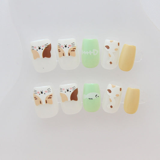Animal Party Short Square Multicolor Press On Nail Set with Cute Cat and Cow Designs