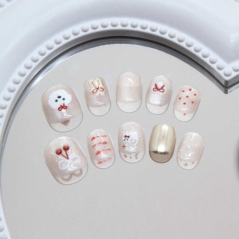 Winter Wonderland Charming Short Squoval Beige Holiday Nail Set with Festive Character Designs