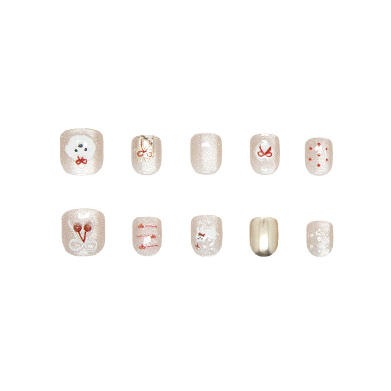 Charming Winter Wonderland Short Squoval Beige Glittery Press On Nail Set with Festive Design Elements