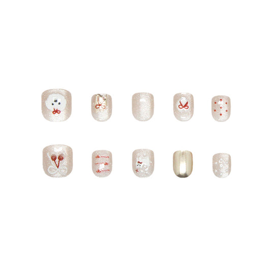 Charming Winter Wonderland Short Squoval Beige Glittery Press On Nail Set with Festive Design Elements