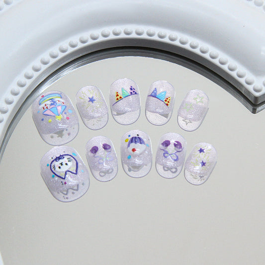 Whimsical Dreams Short Squoval Lavender Press On Nail Set with Creative Unique Designs and Glamorous Sparkle
