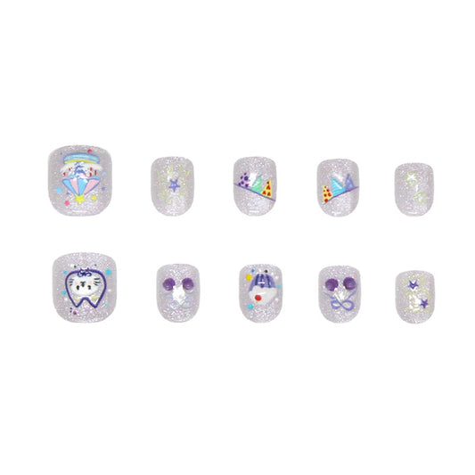 Dreamy Glitter Wonderland Short Squoval Silvery Press-On Nail Set with Whimsical Designs