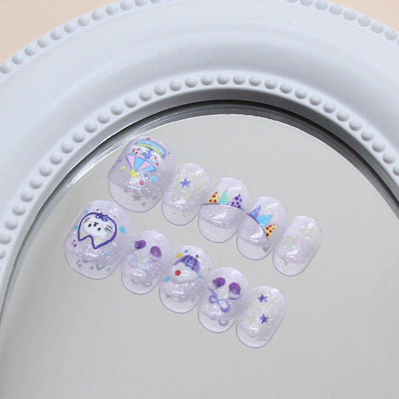 Dreamy Unicorn Fantasy Short Squoval Lavender Nail Set with Sparkling Glitter and Whimsical Designs
