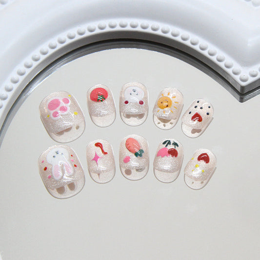 Whimsical Garden Lengthy Short Squoval Sparkling Clear with Fun Fruit and Character Designs Press On Nail Set