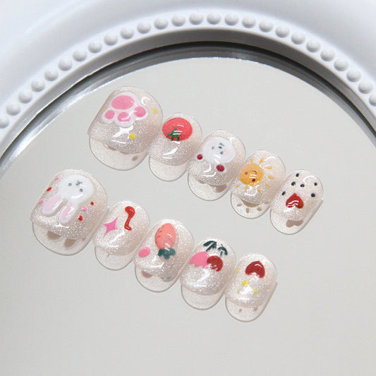 Whimsical Wonderland Press-On Nail Set Short Squoval Translucent Sparkling Finish Adorned with Cute Character Designs