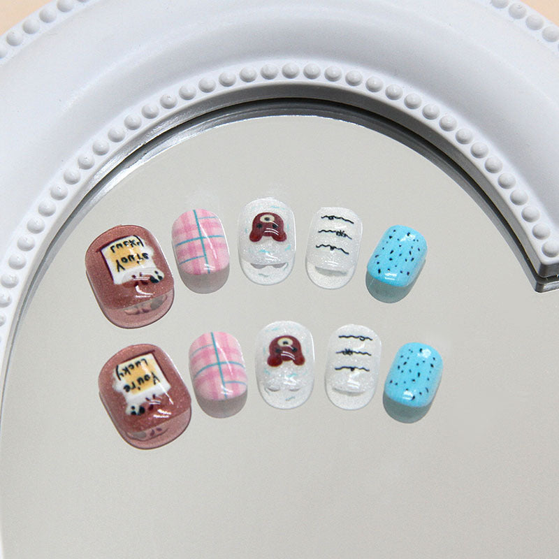 Charming Bakery Theme Short Square Colorful Press-On Nail Set with Adorable Food Illustrations