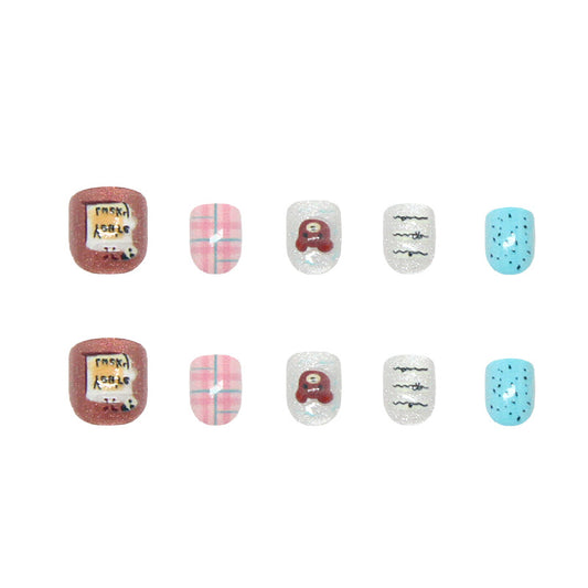 Cozy Winter Wonderland Short Square Shaped Pink Blue and Glittery Press On Nail Set with Adorable Bear Design