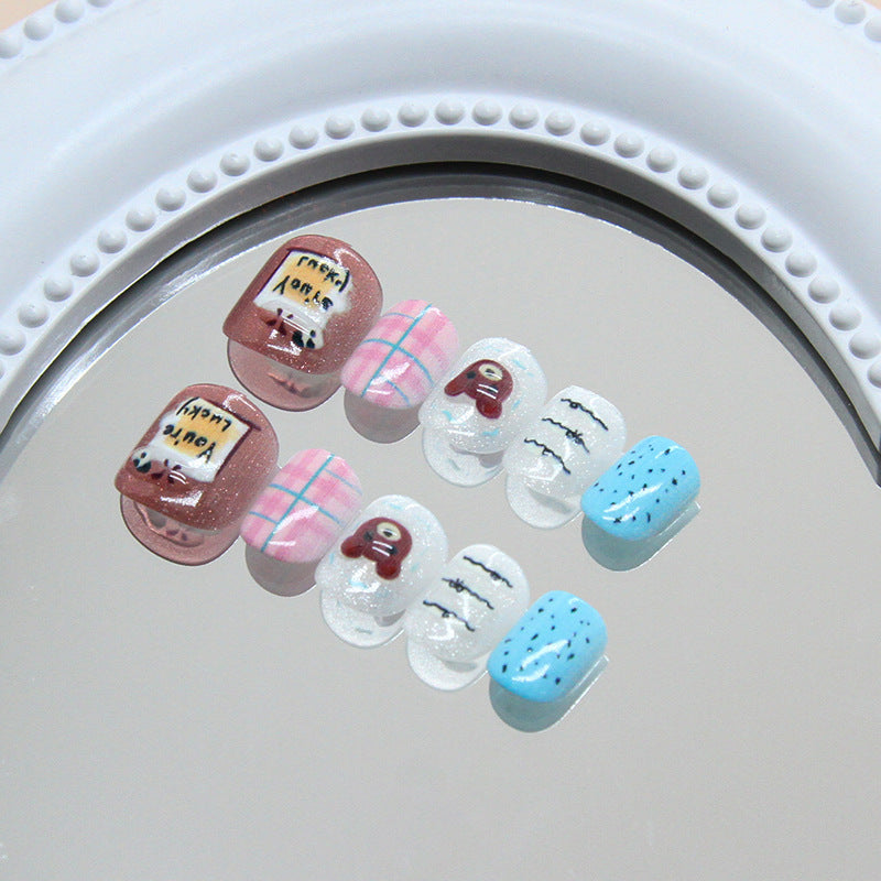 Cozy Café Glamour Press On Nail Set Short Square Pink and Blue with Cute Character Designs