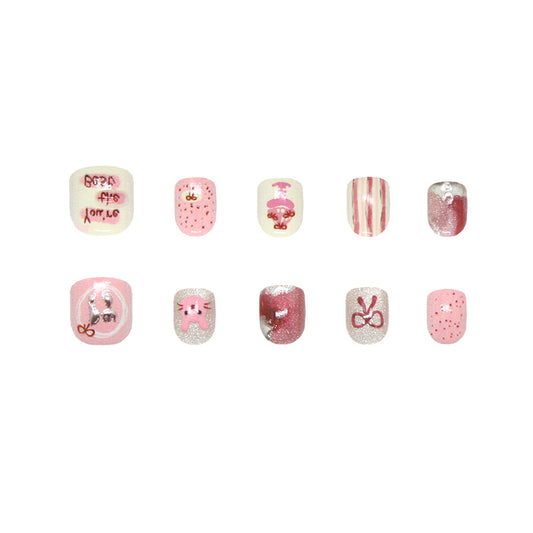 Charming Garden Inspired Squoval Short Pink Glitter Press On Nail Set with Fun Illustrations
