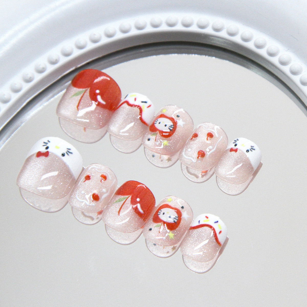 Whimsical Cherry Delight Short Square Pink Glitter Press On Nail Set With Adorable Character Designs