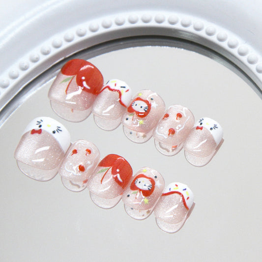 Whimsical Cherry Delight Short Square Pink Glitter Press On Nail Set With Adorable Character Designs