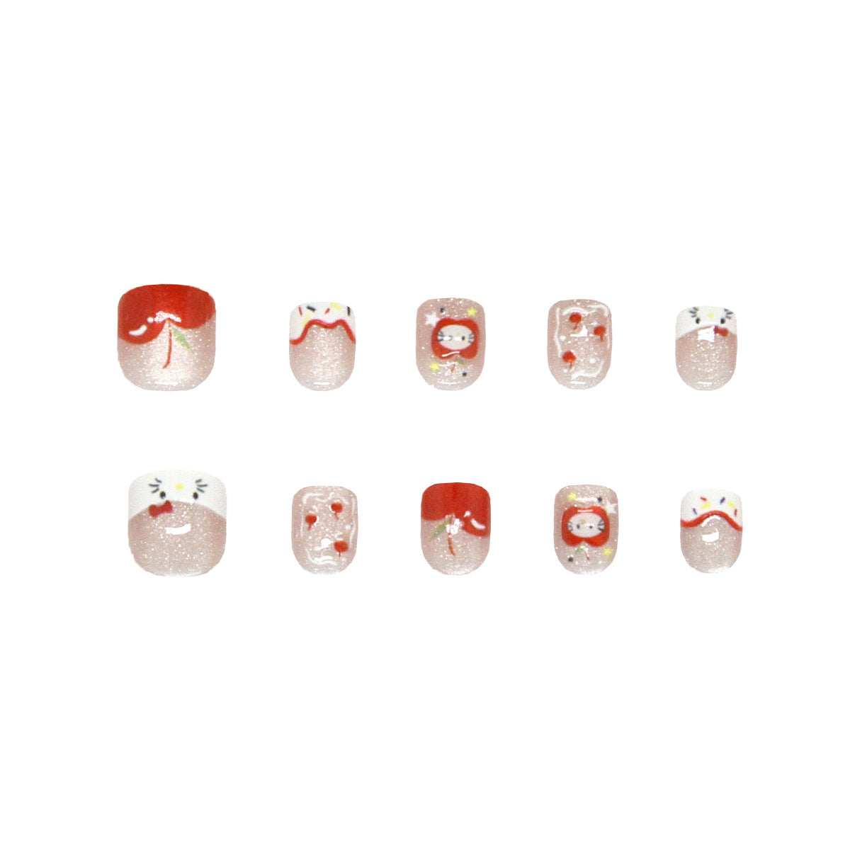 Cherry Blossom Dream Short Square Red with Whimsical Character Accents Press On Nail Set