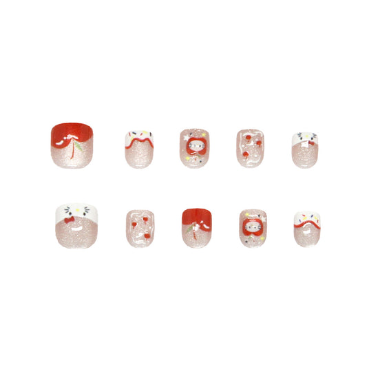 Cherry Blossom Dream Short Square Red with Whimsical Character Accents Press On Nail Set