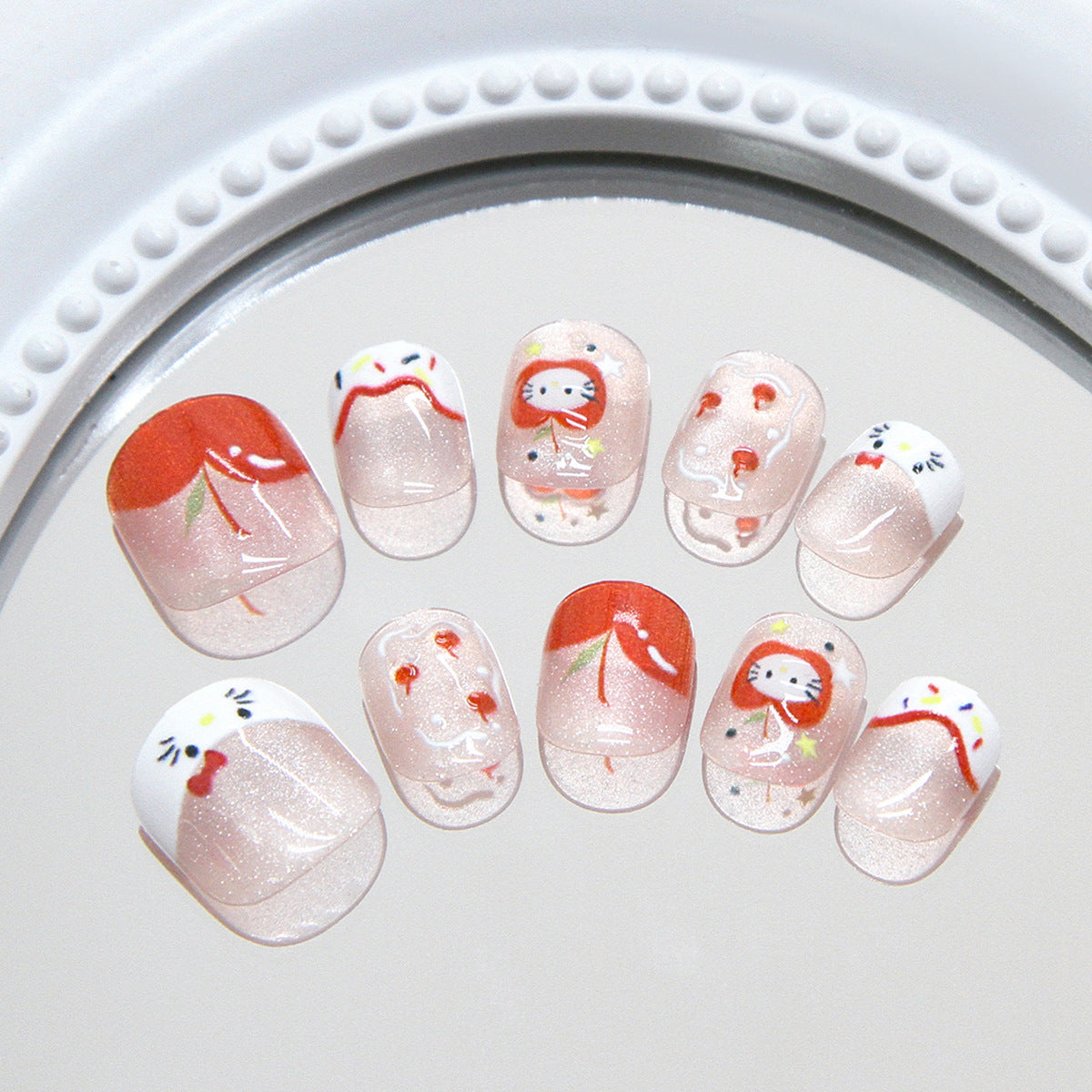 Whimsical Dream Cherry Blossom Short Square Press On Nail Set in Soft Pink Featuring Adorable Kitty Designs