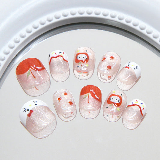 Whimsical Dream Cherry Blossom Short Square Press On Nail Set in Soft Pink Featuring Adorable Kitty Designs