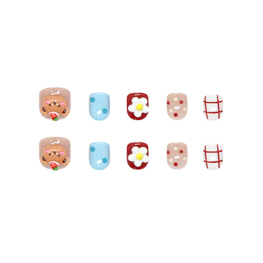 Sweet Treats Short Square Pastel Blue Brown and Red with Charming Floral and Playful Animal Designs Press On Nail Set