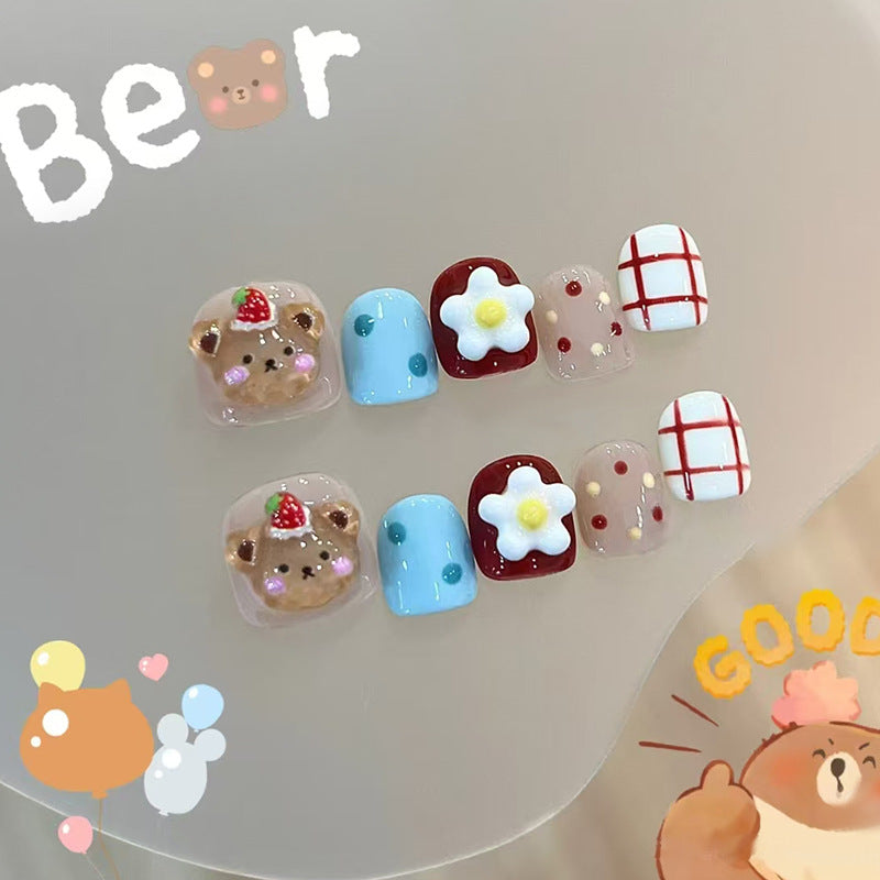Bear Themed Short Square Pastel Blue and Warm Red with Adorable Floral and Bear Designs Press-On Nail Set