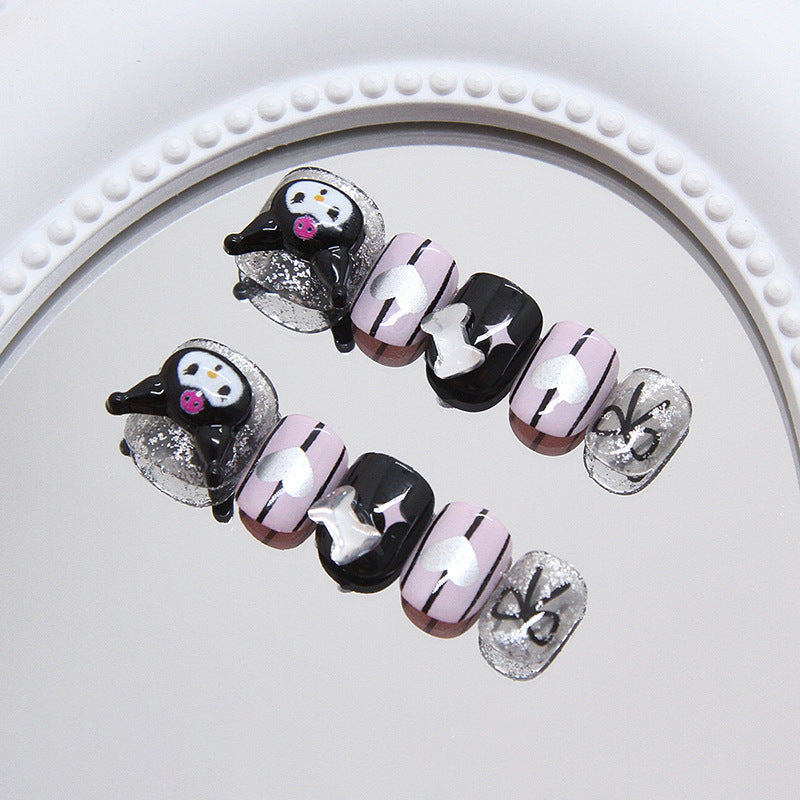 Charming Winter Wonderland Short Square Black And Pink Gradient With Adorable Penguin Design Press On Nail Set
