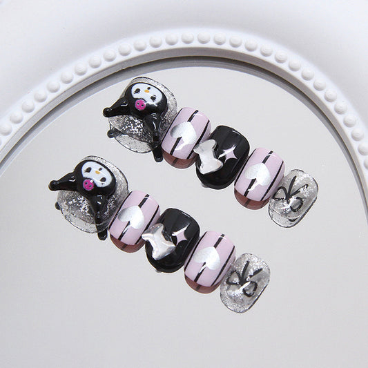 Charming Winter Wonderland Short Square Black And Pink Gradient With Adorable Penguin Design Press On Nail Set