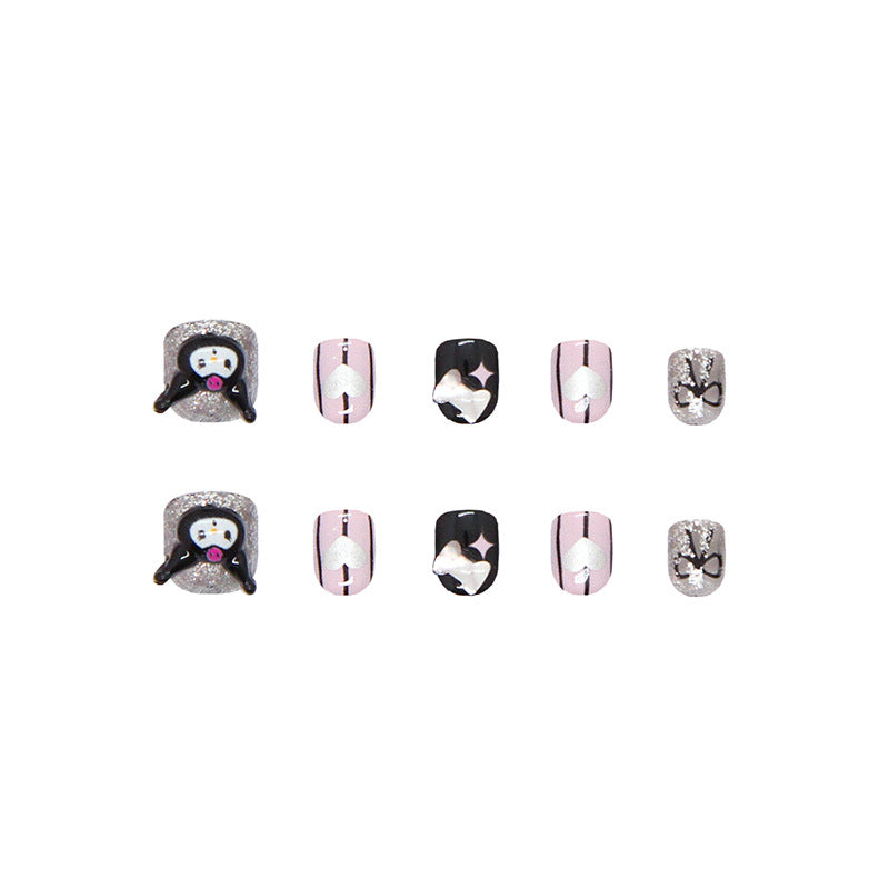 Charming Winter Wonderland Short Square Pink And Black Glittery Nail Set With Cute Character Accents