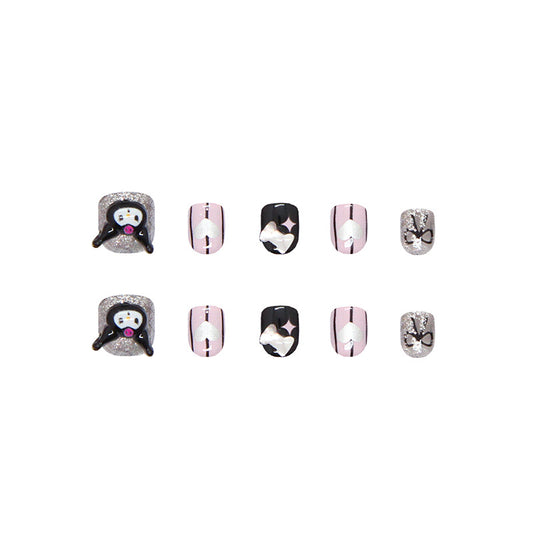 Charming Winter Wonderland Short Square Pink And Black Glittery Nail Set With Cute Character Accents