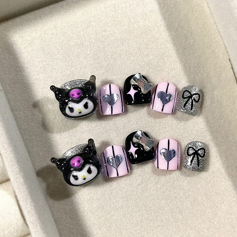 Kid's Charming Fantasy Medium Length Short Square Shape Black Pink And Silver Nail Set With Adorable Character Accents