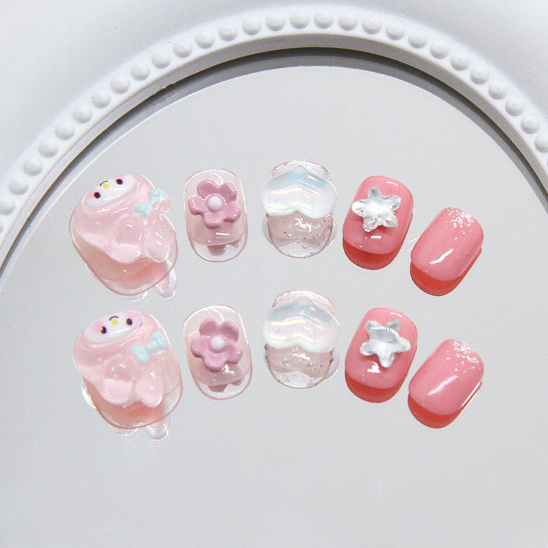 Whimsical Garden Blossom Press On Nail Set In Short Square Pink With Cute Flower And Star Accents