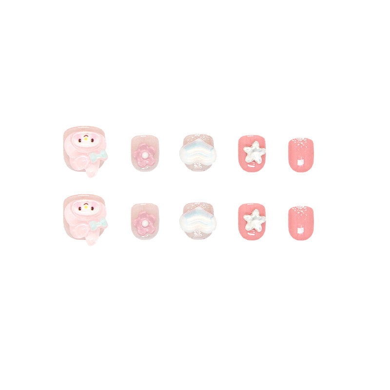 Whimsical Dreamland Cute Short Square Pink Nail Set with Flower and Star Accents