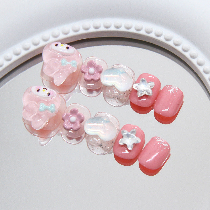 Charming Fairy Tale Pink Short Square Press On Nail Set With Whimsical Glitter Accents