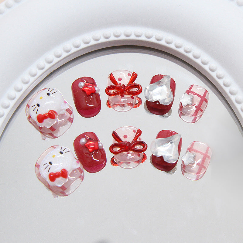 Whimsical Charm Short Squoval Red with Adorable Bow and Cute Character Detailing Press On Nail Set