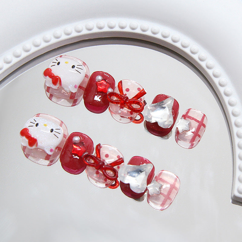 Whimsical Charm Red And Pink Short Square Press On Nail Set With Cute Bow Detail