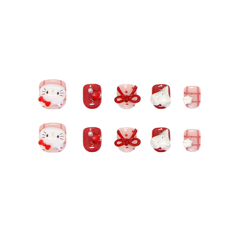 Charming Hello Kitty Themed Squoval Medium Red and Pink Nails with Adorable Bow and Character Designs