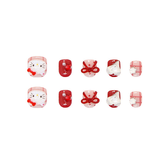 Charming Hello Kitty Themed Squoval Medium Red and Pink Nails with Adorable Bow and Character Designs