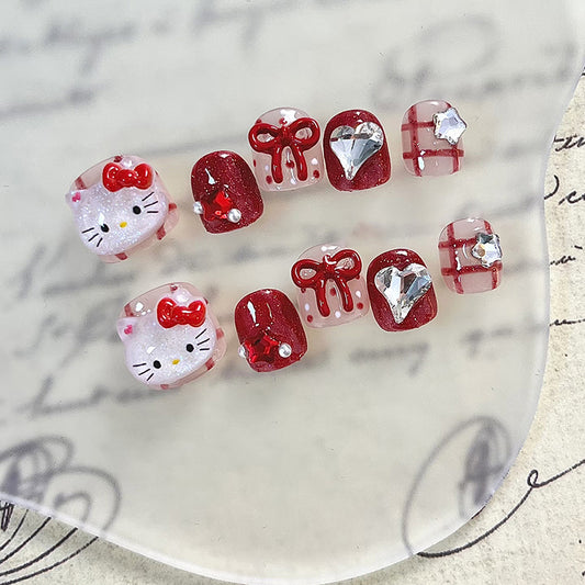 Kid's Festive Charm Short Square Red Glittery Press On Nail Set With Adorable Hello Kitty Design And Dazzling Rhinestone Accents