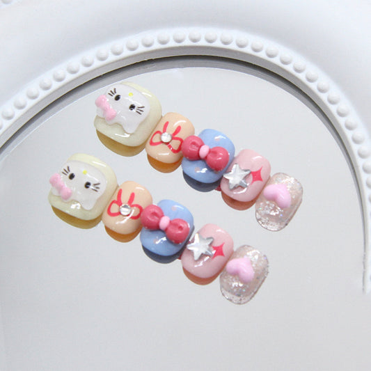 Whimsical Wonder Press On Nail Set Square Short Pastel With Adorable Bow And Star Accents