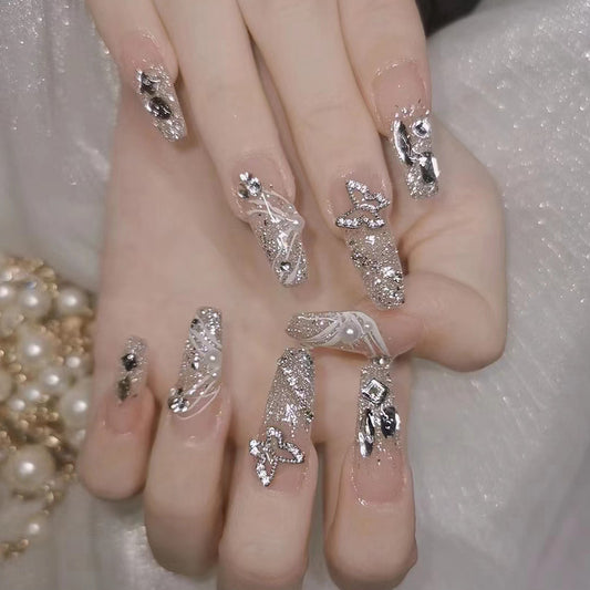 Glamorous Elegance Long Coffin Silver Glitter with Chic Rhinestone Accents Press On Nail Set