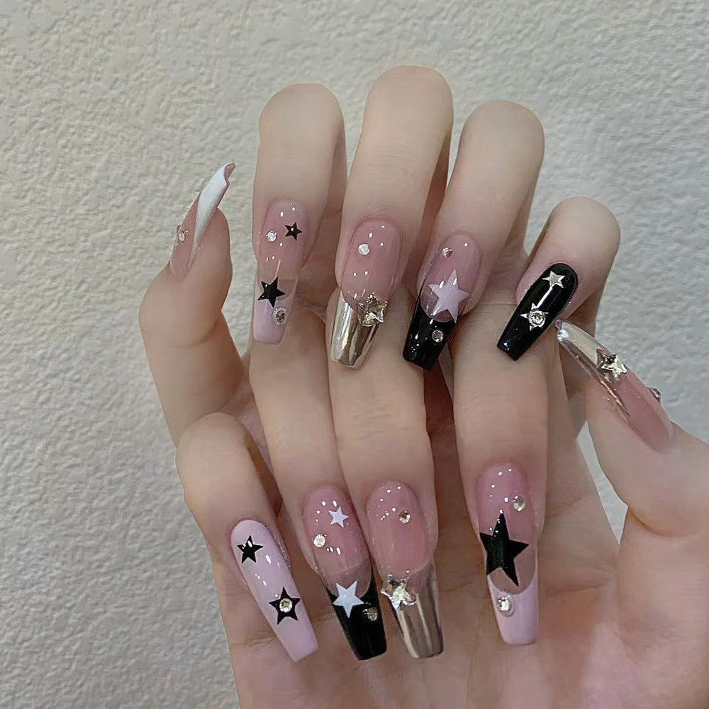 Celestial Glamour Long Square Pink and Black with Star and Gem Accents Press on Nail Set