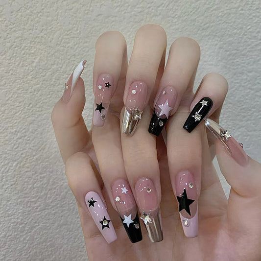 Celestial Glamour Long Square Pink and Black with Star and Gem Accents Press on Nail Set
