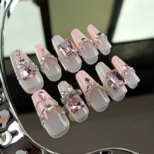 Glamorous Elegance Extended Long Coffin Pink Ombre Press On Nail Set with Sparkling Gemstone Accents