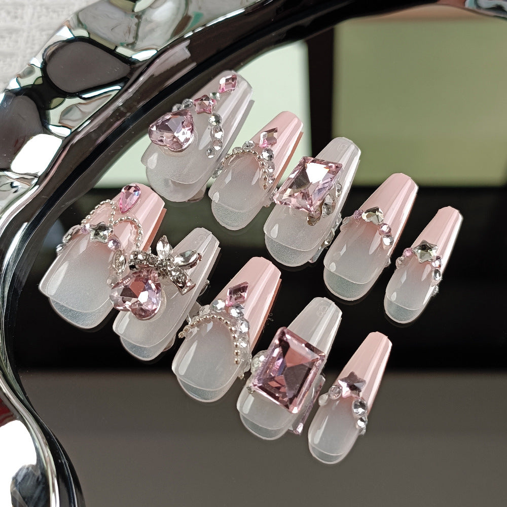 Enchanting Elegance Long Coffin Pink Glamour Press On Nail Set with Rhinestone Accents