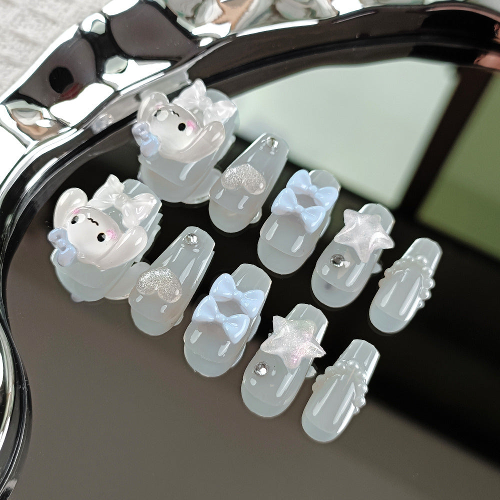 Whimsical Charm Frosted Medium Coffin Light Blue Nails with Adorable Bear and Star Designs