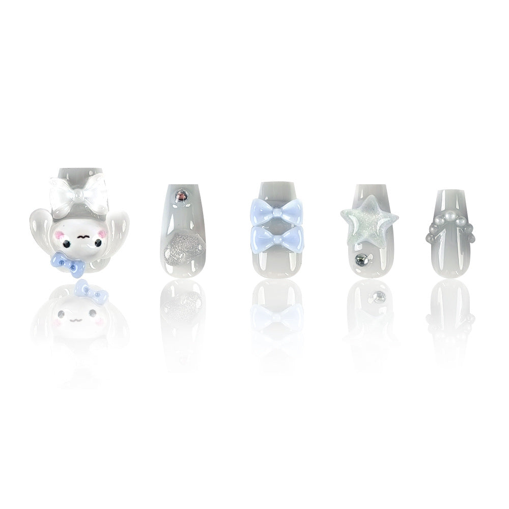 Whimsical Dreams Medium Coffin Soft White with Adorable Bow and Star Accents Press On Nail Set